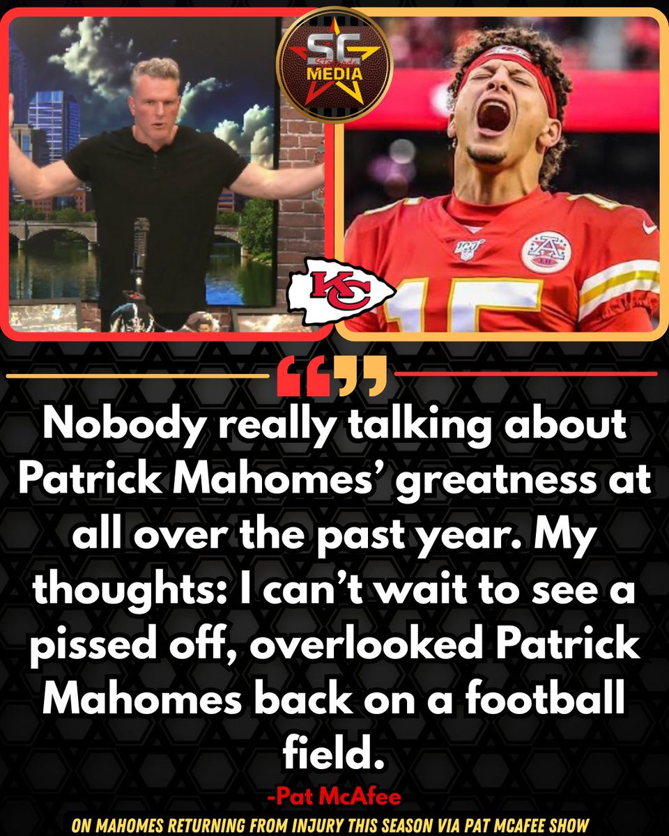 StarcadeMediaKC's tweet photo. Pat McAfee says Mahomes is being overlooked and he can't wait to see a "pissed off" Patrick return this season.

- @PatMcAfeeShow https://t.co/yirPkUxfWs