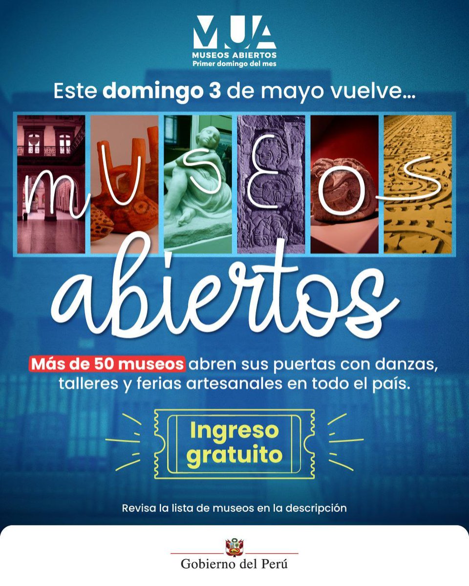 GobiernoPeru_'s tweet photo. ¡Arte, tradición y diversión te esperan! ✨Vive #MuseosAbiertos del @MinCulturaPe con actividades gratuitas para grandes y chicos.

📲Conoce la lista de museos participantes: https://t.co/M9EKkBhSlF

💻Programación: https://t.co/U6ueXEIENc https://t.co/LsOvNp2rz0