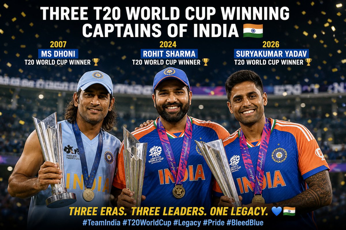 pah_thra's tweet image. Three eras. Three leaders. One legacy 🇮🇳🏆
MS Dhoni – T20 WC 2007 🏆
Rohit Sharma – T20 WC 2024 🏆
Suryakumar Yadav – T20 WC 2026 🏆
From calm beginnings to modern dominance… India keeps rewriting history 🔥
#TeamIndia #T20WorldCup #Cricket #Legacy