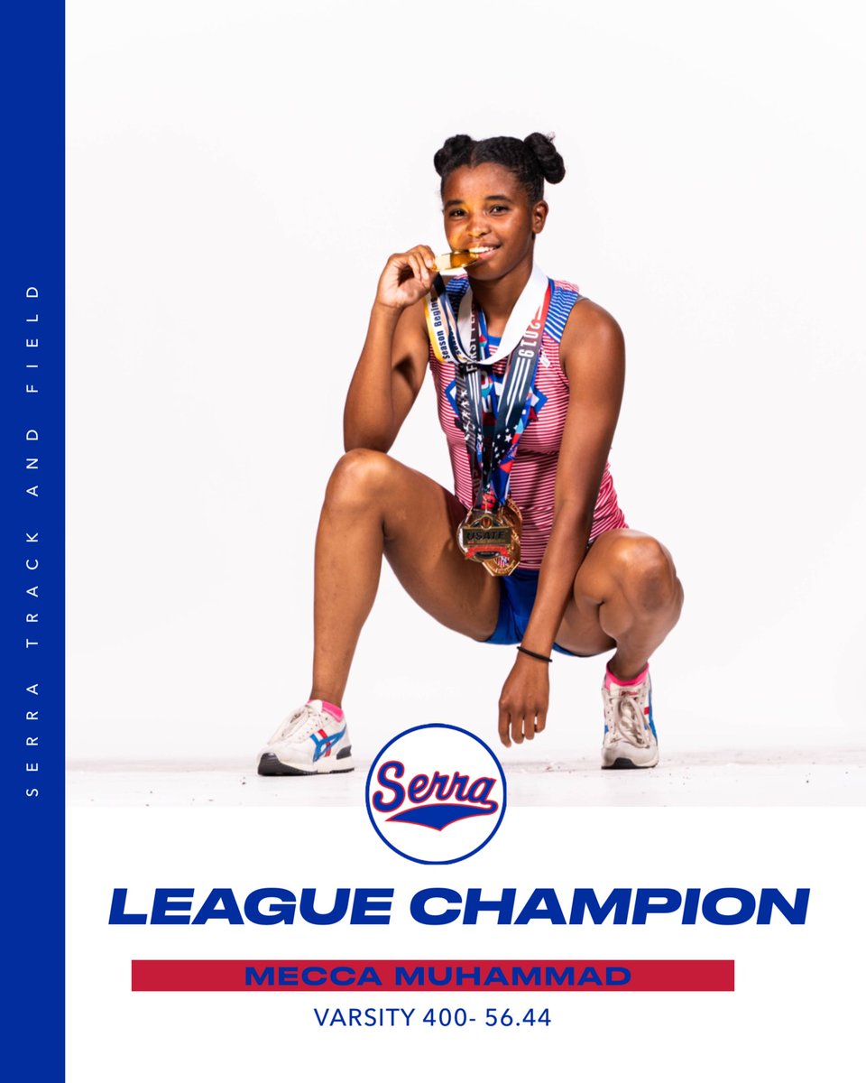 Serra_Track's tweet photo. 👑LEAGUE CHAMPION👑
Congratulations to Senior, Mecca Muhammad for winning the Del Rey League title in the Girls Varsity 400m. She won it in a HUGE PR of 56.44. Mecca will be advancing to the CIF Prelims in the 200, 400, 4x1, AND 4x4. Let’s go Месса!
#SerraSpeed https://t.co/iNs7upCWiv