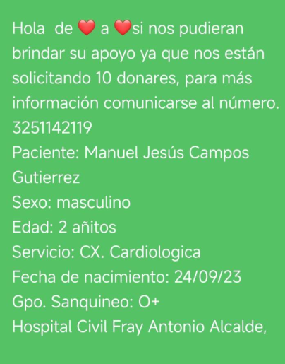 Trafico_ZMG's tweet photo. 🩸 Se solicitan donadores de sangre para el paciente Manuel Jesús Campos. Consulta  más información en la imagen 👇#ServicioSocial https://t.co/hHBUD4oFpj
