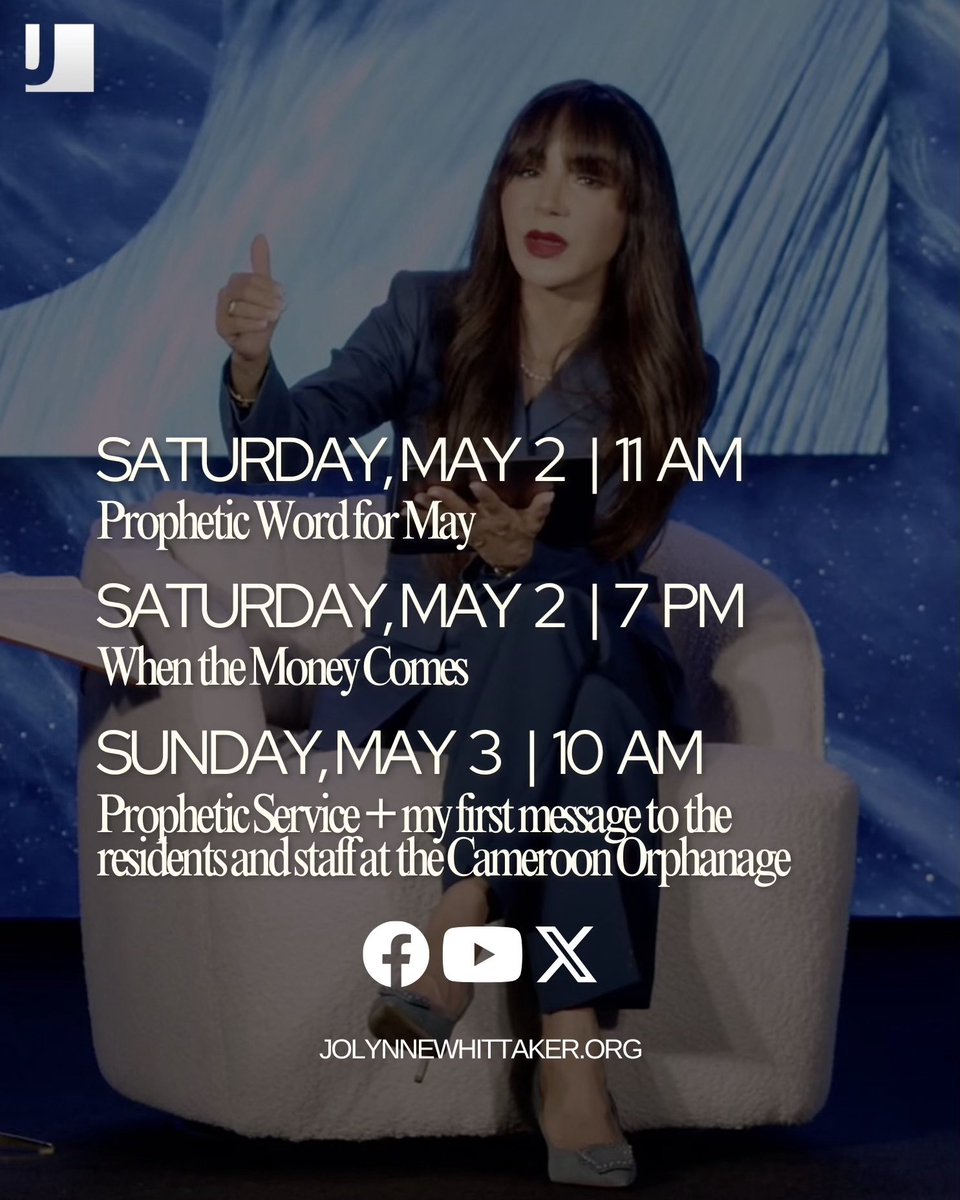 DrJoLynneW's tweet image. THREE POWERFUL MESSAGES - please mark your calendars now.  May the Lord be glorified as you are greatly blessed.

🗓️SATURDAY 5/2 11AM EST:
The #Prophetic Word for May 🔥

⏰ SATURDAY 5/2 7PM EST
“When The Money Comes”
Don’t miss this powerful Prophetic Word!

🔔SUNDAY 5/3 10AM