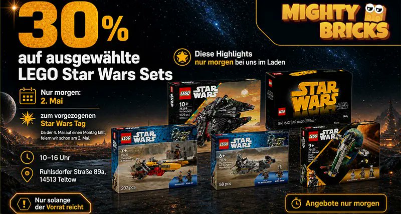 _MightyBricks_'s tweet photo. Morgen, 2. Mai: vorgezogener #StarWarsTag bei #MightyBricks in #Teltow ✨

Nur morgen:
30% auf ausgewählte #LEGOStarWars #LEGO Sets

https://t.co/tNEEW0gmYd https://t.co/NXCKb4n7GD