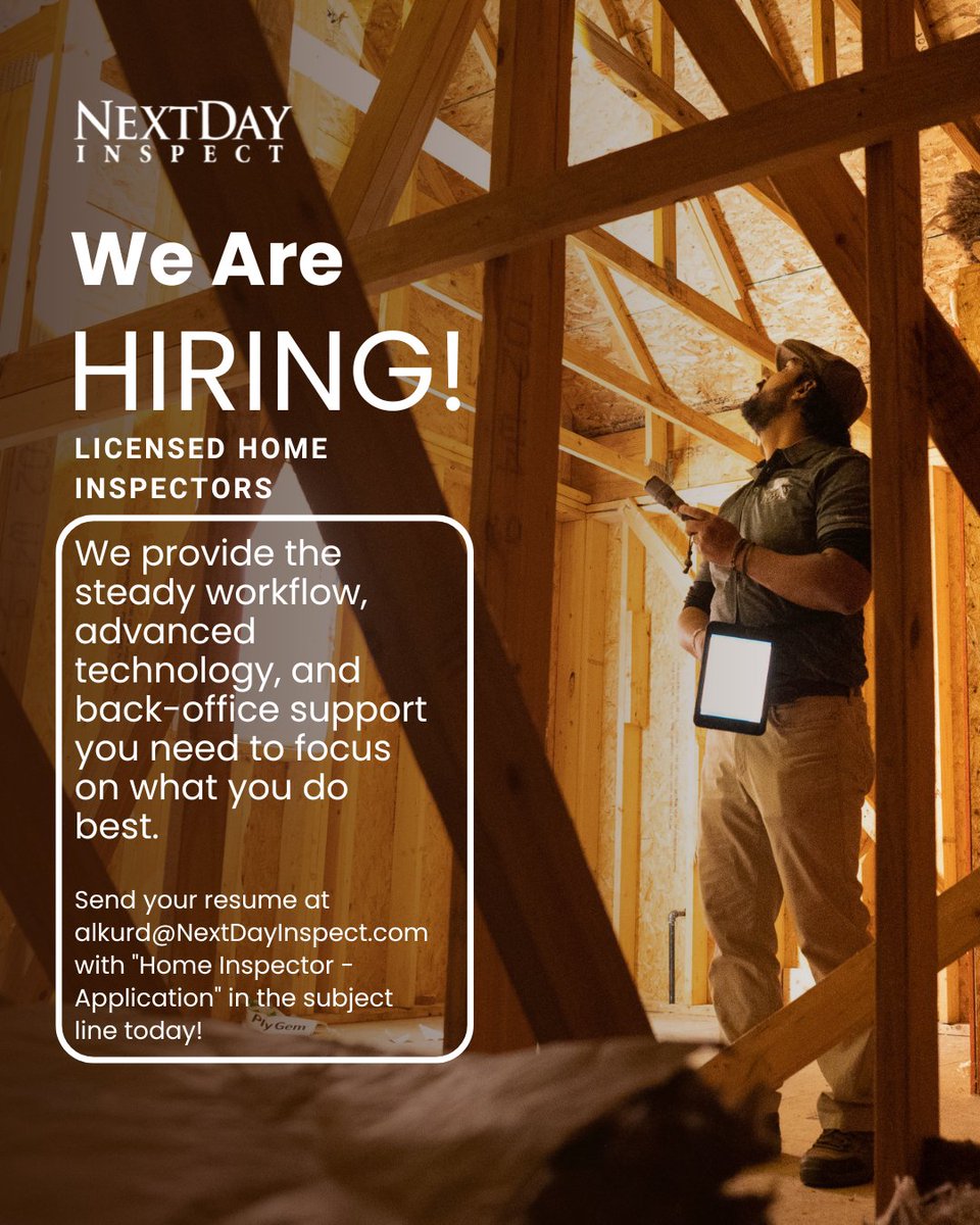 NextDayInspect's tweet image. Now Hiring: Licensed Home Inspectors!  Join NextDay Inspect and enjoy unparalleled back-office support and a steady workflow. Let us handle the logistics while you focus on the inspections. Apply today! 

 alkurd@NextDayInspect.com

#JobOpportunity #HomeInspectors #JoinUs