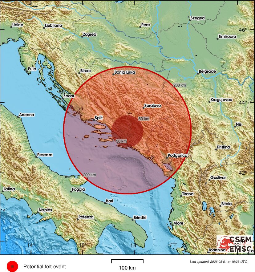 LastQuake's tweet image. #Earthquake (#zemljotres) possibly felt 21 sec ago in #Bosnia&amp;amp;Herzegovina. Felt it? Tell us via:
📱m.emsc.eu/#app
🌐m.emsc.eu
🖥emsc-csem.org
⚠ Automatic crowdsourced detection, not seismically verified yet. More info soon!