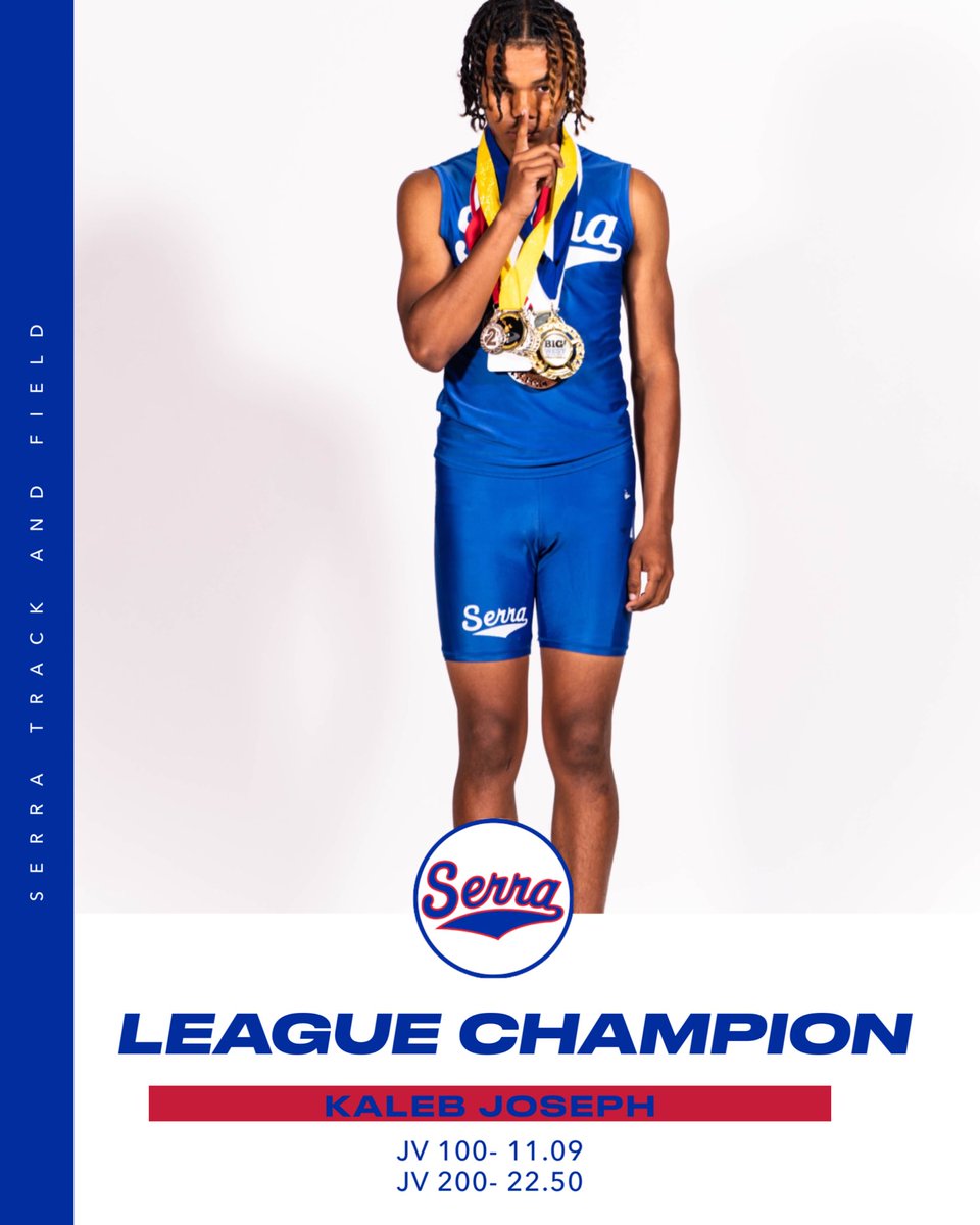 Serra_Track's tweet photo. 👑LEAGUE CHAMPIONS👑
Congratulations to our JV League Champions:
- Jade McMillan: 400 (1:03.11)
- Ausara Womack: 100 (13.01), 200 (26.88)
- Kaleb Joseph: 100 (11.09), 200 (22.50)
Great season to all of three of these student athletes!
#SerraSpeed https://t.co/K1uhUMYzW5