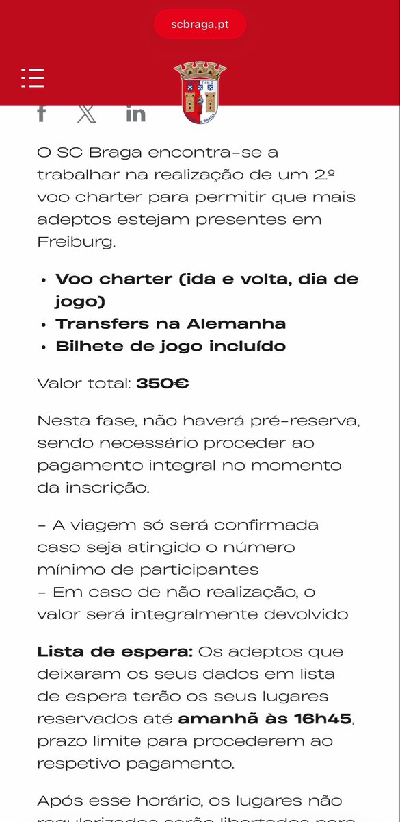O Braga acabou de anunciar um SEGUNDO voo charter para a deslocação a Freiburg na Alemanha.
À semelhança do primeiro, o voo( ida e volta) + transfer + bilhete do jogo por 350€.

Um clube que valoriza os adeptos ❤️