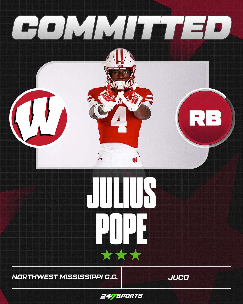 chris_hummer's tweet image. Wisconsin has landed a commitment from JUCO RB Julius (Juju) Pope (@juju_pope), his rep @athleteasset tells @TheRealNickOsen and me for @247Sports.

Pope ranks as the No. 1 JUCO RB in the 2026 class. Began his career at Arkansas as a 4-star recruit.

247sports.com/article/wiscon…