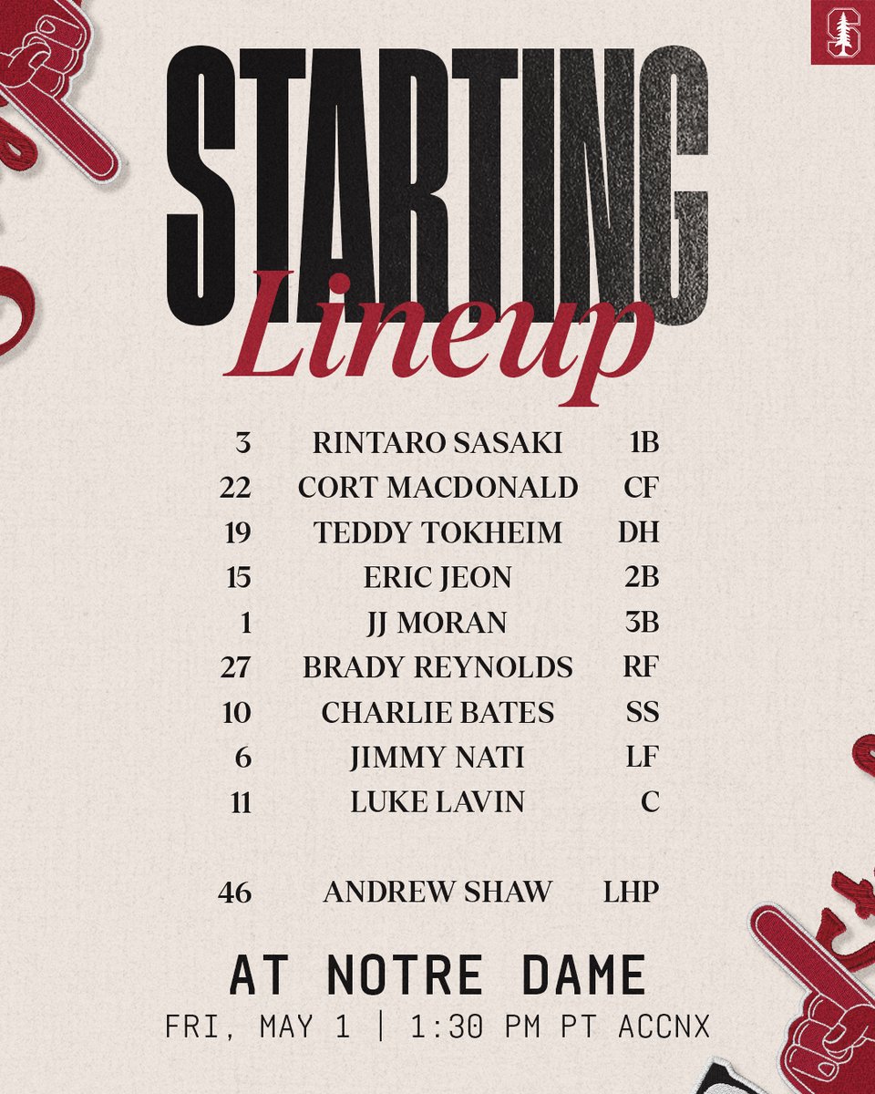 The starting lineup is in! 📝

📺 » ACC Network Extra
💻 » bit.ly/424LGMj
📈 » bit.ly/4diqSHh

#GoStanford