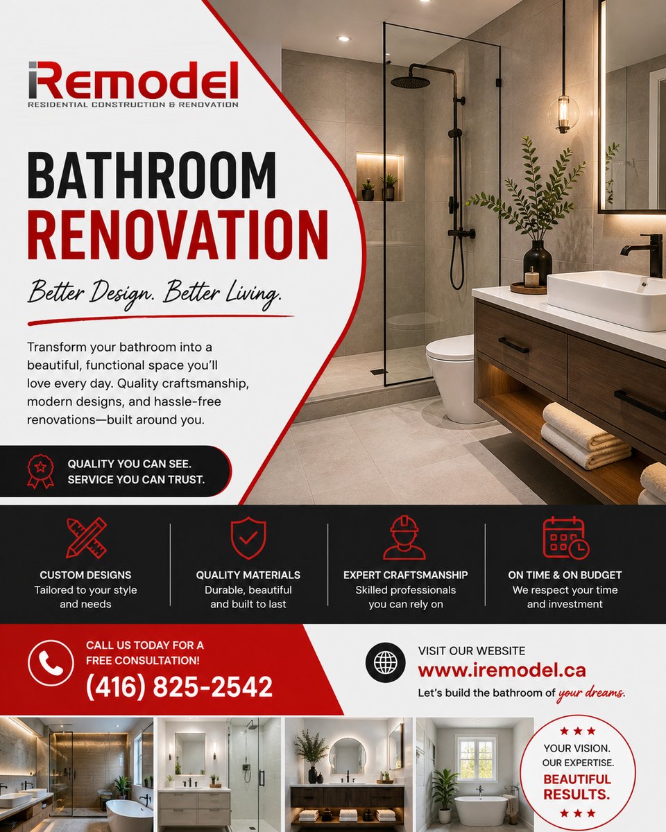 iRemodelCa's tweet image. Ready to #upgrade your space into a #modern, #functionaloasis? 🛁 From #customdesigns to #premiummaterials and #expertcraftsmanship, we bring your #dreambathroom to life with precision and care.
iremodel.ca/bathroom-renov…
#BathroomRenovation #HomeImprovement #InteriorDesign #Toronto