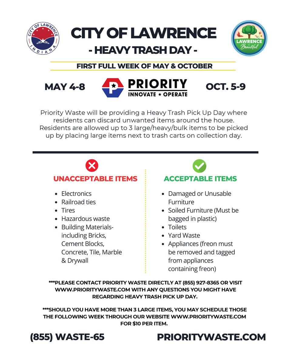 LawrenceINcity's tweet photo. Spring Heavy Trash Week is coming up!

🗓️ May 4–8, on your regular trash day

Take advantage of free bulk item pickup—each property can set out up to three items at the curb.

For questions, contact Priority Waste at (855) 927-8365 or visit https://t.co/2aEQfhOqEm. https://t.co/BrUpHrgQql