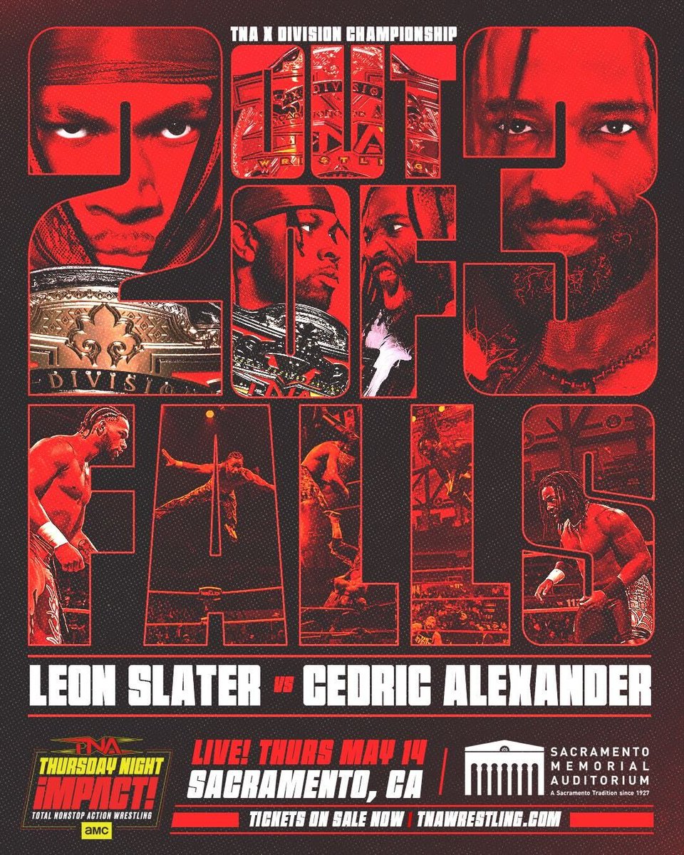 ThisIsTNA's tweet photo. ICYMI: @LEONSLATER_ will defend the X-Division Title against @CedricAlexander in a 2 Out Of 3 Falls match LIVE on #TNAiMPACT on May 14 from the Sacramento Memorial Auditorium in Sacramento. 

If Slater wins, he'll make history and become the longest reigning X-Division Champion ever the next day. 

Get tickets NOW: https://t.co/jdmoFcg4b0