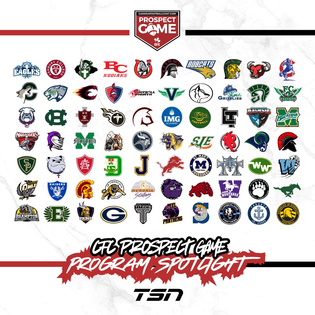 chatfootball's tweet photo. PROGRAM SPOTLIGHT 👏🏆 https://t.co/1k5FTqMCyb

70 Logos - One Destination

The players will take centre stage at the 2026 #CFCProspectGame on TSN, but the high school and community programs who helped them reach the national spotlight deserve a huge shoutout from coast to coast!

The 2026 #CFCProspectGame on TSN will take place at Hamilton Stadium on May 23rd 🍁🏈