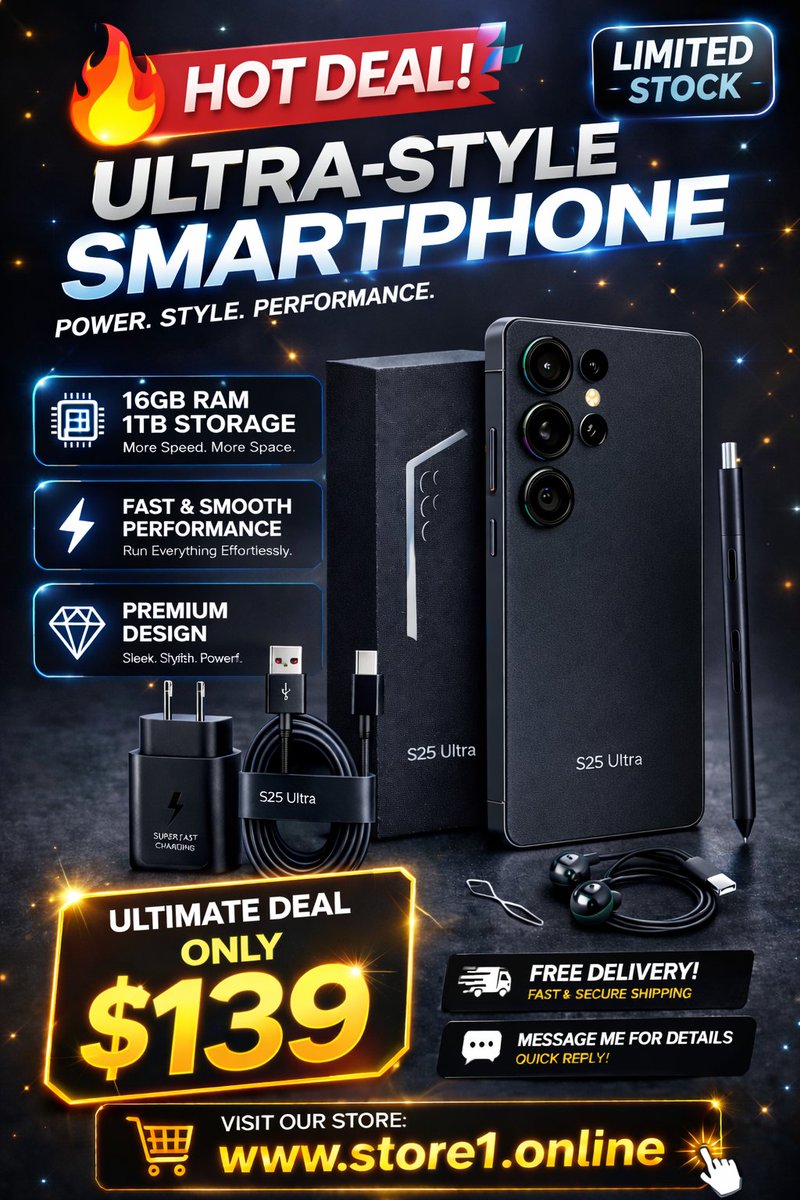 VasimSuleiman's tweet image. Flash sale: Smartphone S25 Ultra — 16GB RAM + 1TB for $140.35! ⚡108MP camera, 144Hz display, massive battery &amp;amp; Android 15. Limited stock — grab it now: wix.to/jGRWngE #PhoneDeal #S25Ultra #TechSale