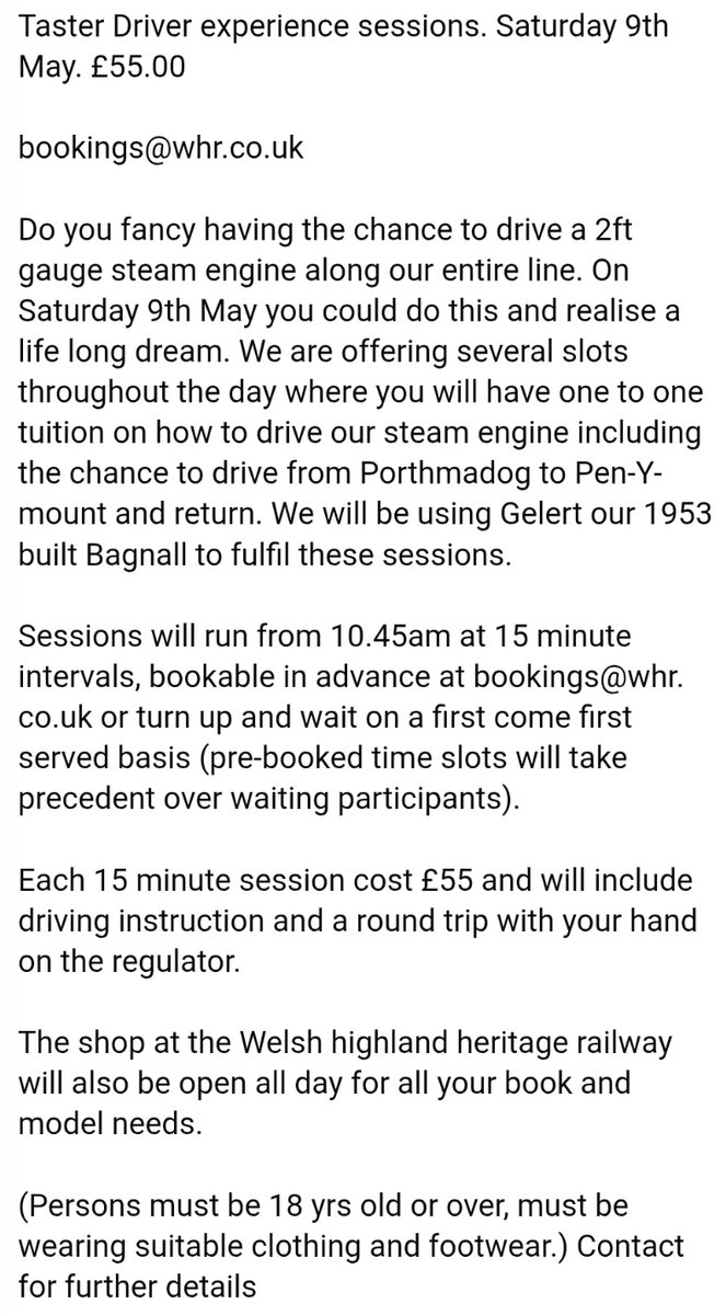 WelshHighRly's tweet image. #narrowgauge steam trains are running at the Welsh Highland Heritage Railway in #Porthmadog 

YOU can take the controls of Gelert on Saturday 9th May 2026 for only £55

Drop us an email at bookings@whr.co.uk if you're interested. 🏴󠁧󠁢󠁷󠁬󠁳󠁿👍

whr.co.uk/stock/steam/ge…

@NWalesSocial