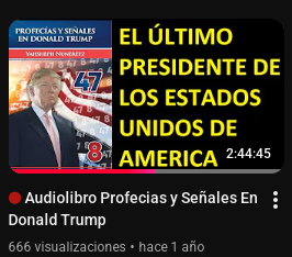 KSatanismo's tweet image. Este libro de Donald Trump llamado PROFECÍAS Y SEÑALES EN DONALD TRUMP lleva varios días con 666 visualizaciones..., les recomiendo escucharlo desde el capítulo 2 o 3.
youtu.be/MxCnVlpLnEI?t=…

#DonaldTrump #NOM #AGENDA2030 #PROFECÍAS #ESTADOSUNIDOS #IMAGENDELABESTIA #ANTICRISTO