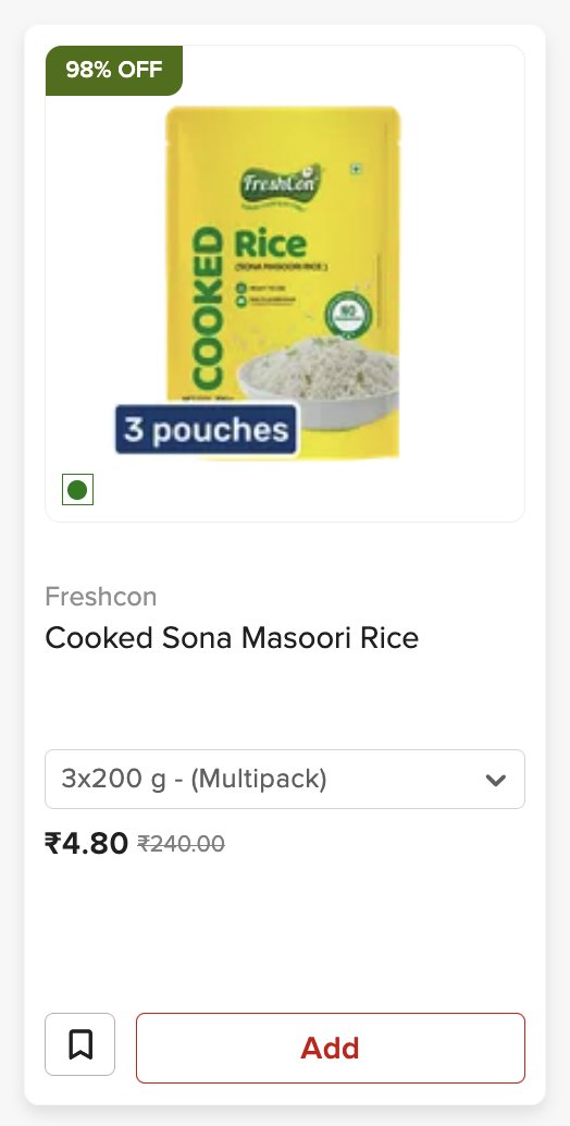 DealsWorthWatch's tweet image. #Bigbasket #Bengaluru
Freshcon Cooked Sona Masoori Rice 3x200 g
🔻OFF: 98% | 🏷️ Price: ₹4.8 (₹240)
bigbasket.com/pd/1236389/fre…

Freshcon Zesty Sweet Chili Steamed Sweet Corn Kernels With Tastemaker 2x220 g
🔻OFF: 92% | 🏷️ Price: ₹16 (₹200)
bigbasket.com/pd/1235709/fre…

Check Freshcon