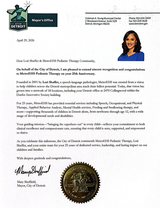METROEHS_'s tweet image. We are honored to receive this recognition from the Mayor of Detroit celebrating 25 years of MetroEHS. 💛

Thank you for celebrating this journey with us—we’re just getting started. 💥

#MetroEHS #25Years #CommunityStrong #PediatricTherapy #MakingADifference