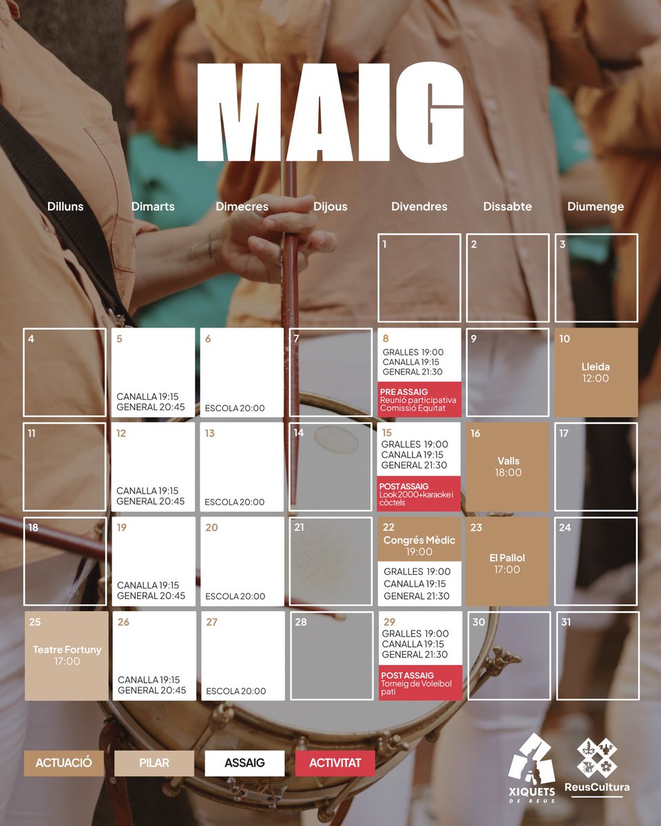 xiquets's tweet photo. Benvingut, Maig! 🌰🗓️

Arriba un mes carregat de castells i molta vida de colla. Som-hi!

📍 10/05 Lleida (12h)
📍 16/05 Valls (18h)
📍 23/05 El Pallol (17h)

Assajos Generals:
🕗 Dimarts · 20:45h
🕙 Divendres · 21:30h

#castells #xiquetsdereus #lanostrapassió https://t.co/33nwdQdJWy