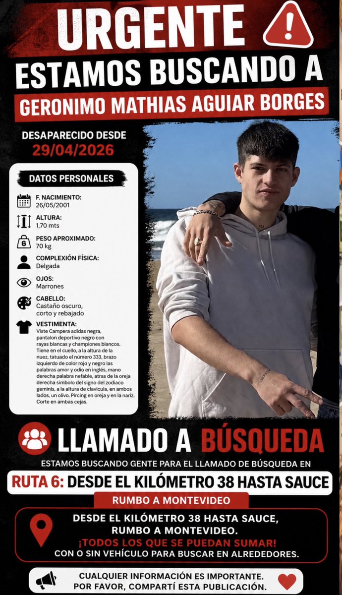 Fabri_Chaves's tweet image. 🚨Montevideo-Uruguay-Canelones Santa Rosa favor de difundir. Se está en la búsqueda de un amigo . Se agradece compartir  y por cualquier información a esos números @IdCanelones @Minterioruy @portalmvd