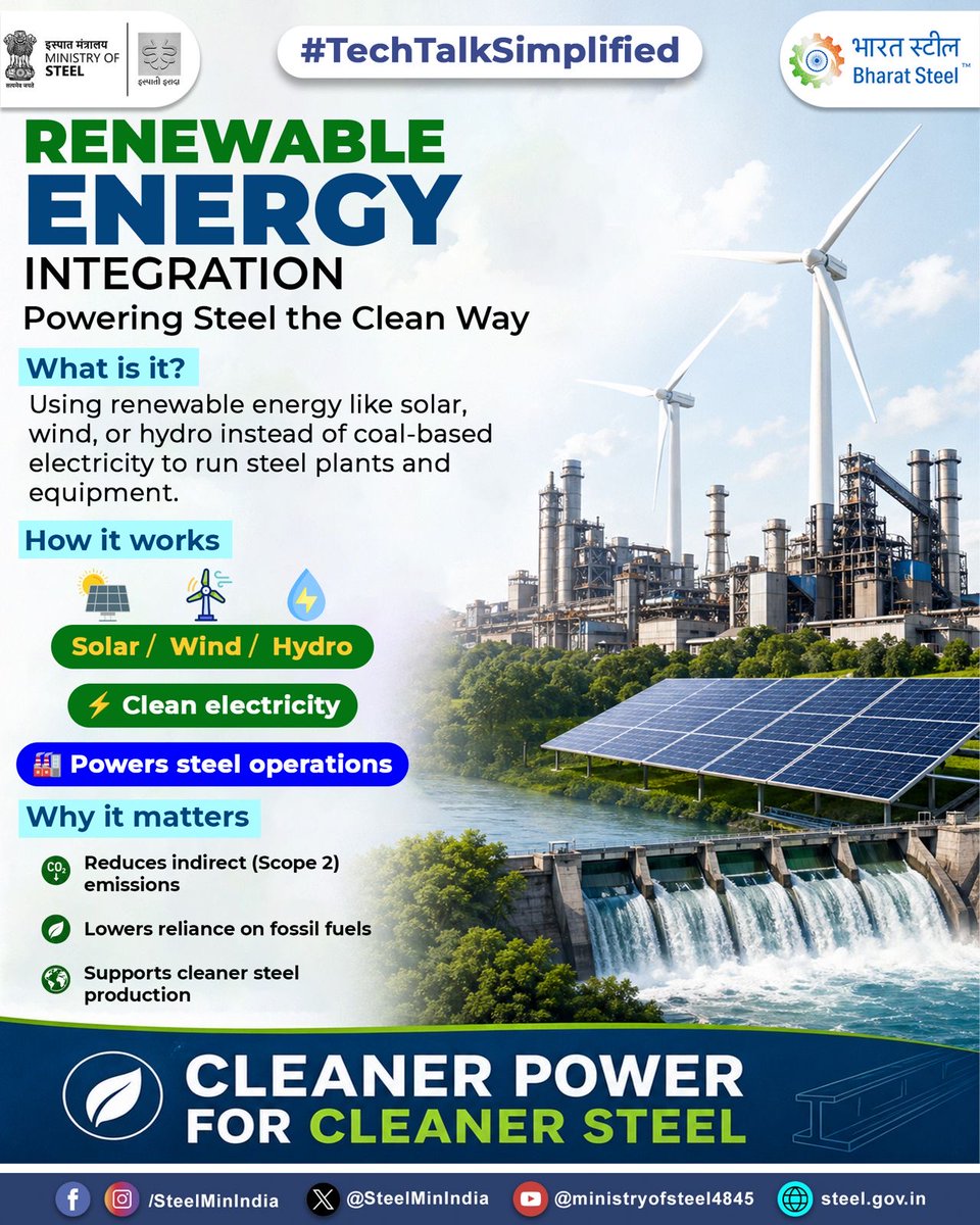 SteelMinIndia's tweet image. Renewable energy integration in steel manufacturing involves using solar, wind, or hydro power instead of fossil-based electricity—helping reduce indirect (Scope 2) emissions and support cleaner, more sustainable production.

#RenewableEnergy #SustainableSteel #CleanEnergy