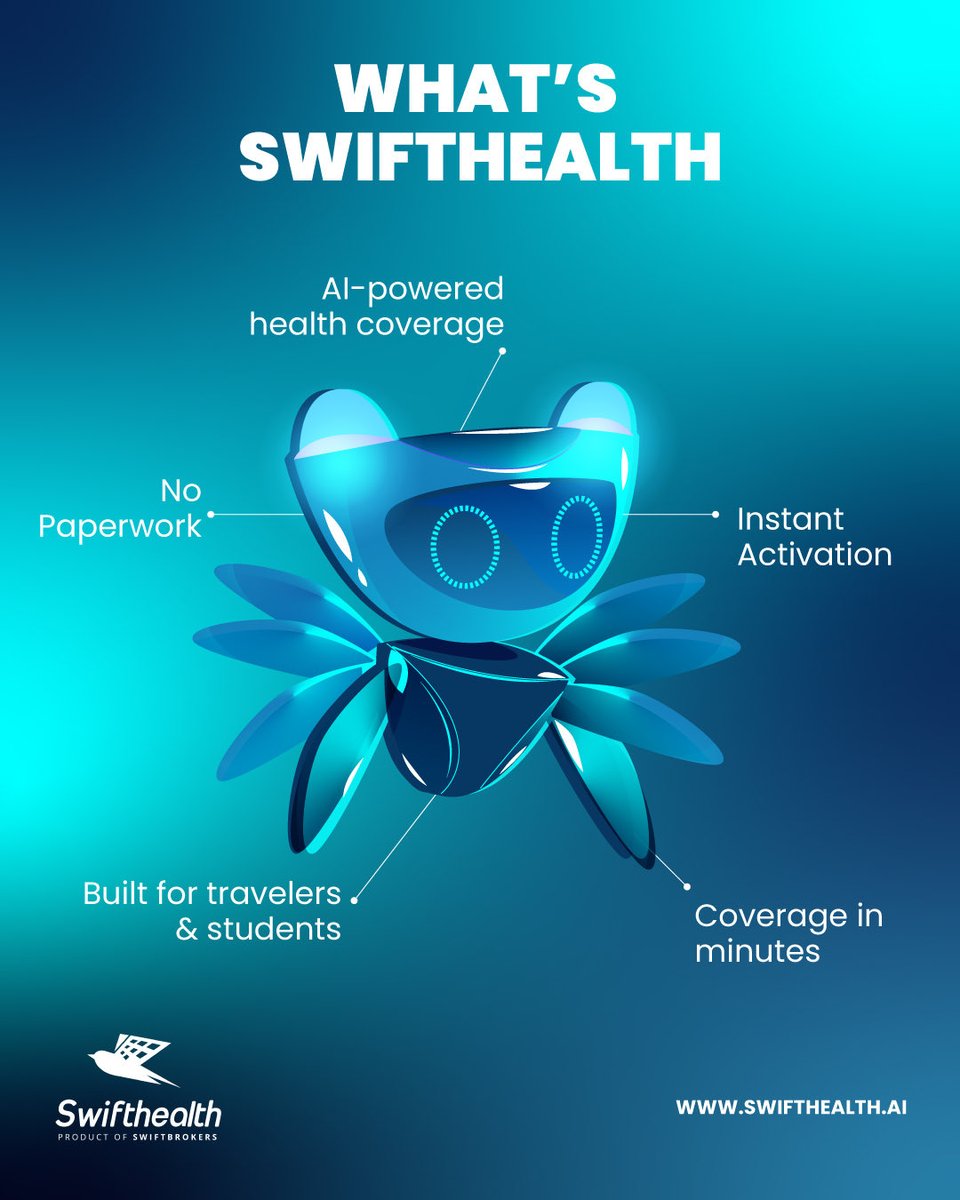 swiftbrokers's tweet image. "What makes Swifthealth.ai different? 🤖✨ We’ve reimagined international healthcare insurance for everyone.

Experience the future of global health coverage. Get your quote in seconds at swifthealth.ai. 🌐

#Swifthealth #InsurTech #InternationalHealthcare  #AI
