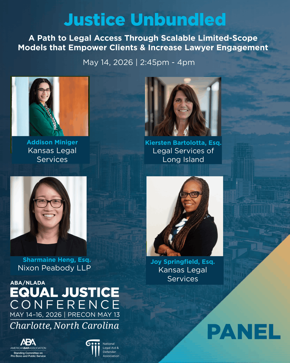 KLSforkansas's tweet photo. Our Director of Pro Bono, Joy Springfield, and paralegal Addison Mininger will also be speaking at the 2026 ABA/NLADA Equal Justice Conference. They will be leading a session on Justice Unbundled. On Thursday, May 14th from 2:45 PM to 4:00 PM at the Sheraton Charlotte Hotel. https://t.co/MwuSnXyKDl