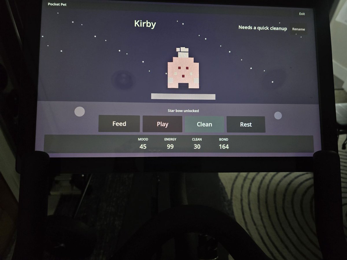 a_lyx's tweet photo. @OpenAIDevs Amazing. Was building pets a common use case already? I built my own with Codex and pushed him to my jailbroken peloton as an app... he gets mad if I don't work out https://t.co/oBwkkQlIDe