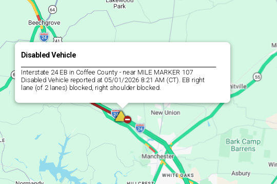 LiveTraffic2's tweet image. Coffee County/Manchester Area- Slow go on I-24 eastbound at 107 mm 1:46pm CT. commanderchuck.net #CommanderChuck #Nashville #Chattanooga #Tennessee #TDOT #Traffic #TrafficAlert #Follow #Weather