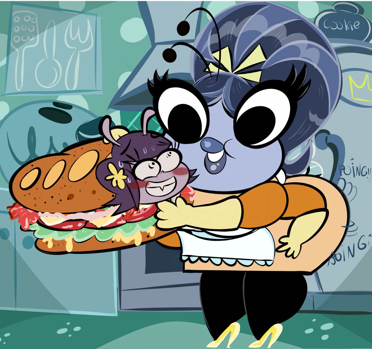 KluKvaArts's tweet image. It seems a mosquito just fell victim to an unusual trap for a large fly that will have an equally unusual dessert #art #crossover #thebuzzonmaggie #bestbugsforever #Mrs. Cartflight #moe #toon #disney #anthro