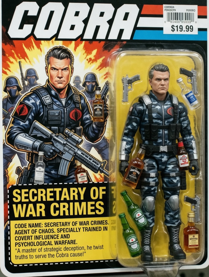 YourAnonNews's tweet photo. COBRA Secretary of War Crimes, now with booze bottle companions so he can drink away his problems!
Just think, for only $19.99 you can own a piece of history!
*Children under 21 must have their parents permission to purchase this item.
**Contains alcohol https://t.co/AoTDoe78YG