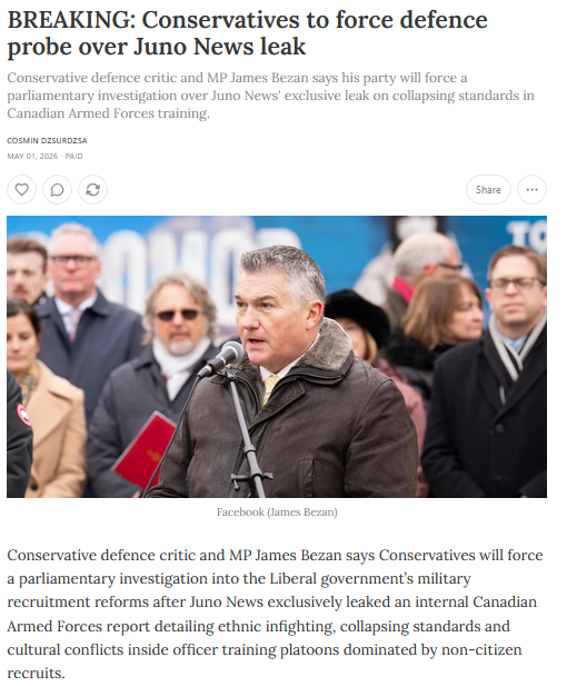 BREAKING: Conservative defence critic <a href="/jamesbezan/">James Bezan</a> says his party will force a parliamentary investigation after Juno News' leak exposing ethnic infighting, collapsing standards and systemic problems inside permanent resident CAF training platoons
junonews.com/p/breaking-con…