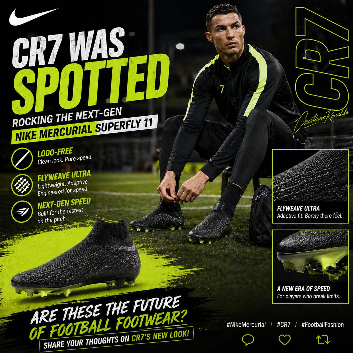 ePance's tweet image. 👀⚽️ CR7 was spotted rocking the next-gen Nike Mercurial Superfly 11 boots! These prototypes are logo-free, showcasing the innovative Flyweave Ultra texture. Are these the future of football footwear? Share your thoughts on CR7's new look! #NikeMercurial #CR7 #FootballFashion