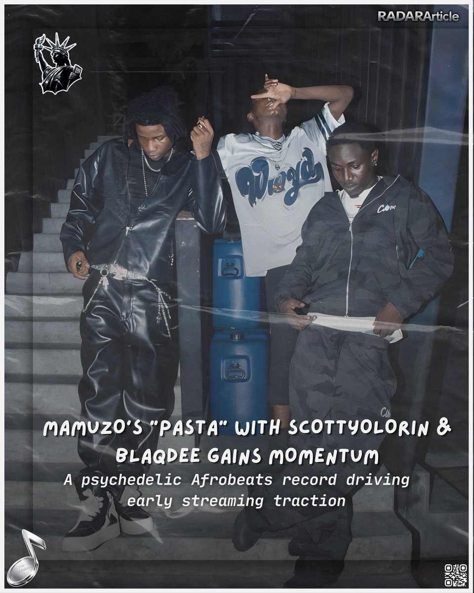 RADARCharts's tweet image. 🗽•𝗔𝗥𝗧𝗜𝗖𝗟𝗘 𝗦𝗣𝗢𝗧𝗟𝗜𝗚𝗛𝗧: MAMUZO’S “PASTA” WITH @scottyolorin &amp;amp; @BlaqdeeOfficial GAINS MOMENTUM — A psychedelic Afrobeats record driving early streaming traction

🔗•radarcharts.net/2026/05/01/mam…

#new #music