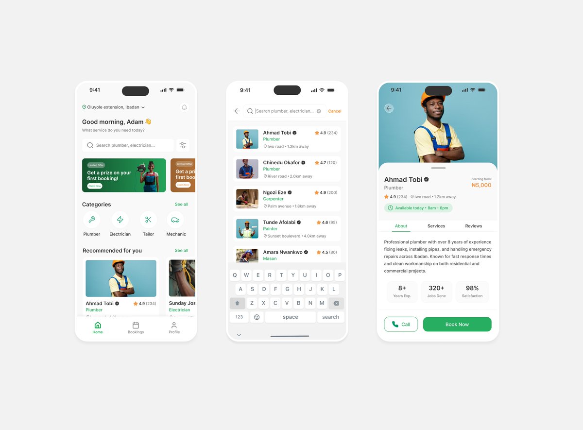 Finding a good artisan could feel like a gamble at times

We’ve all been there.. asking around for one. And most come from referrals

So what if finding reliable artisans was as easy as booking a ride?

I designed an App that allows users discover, trust, and book local services