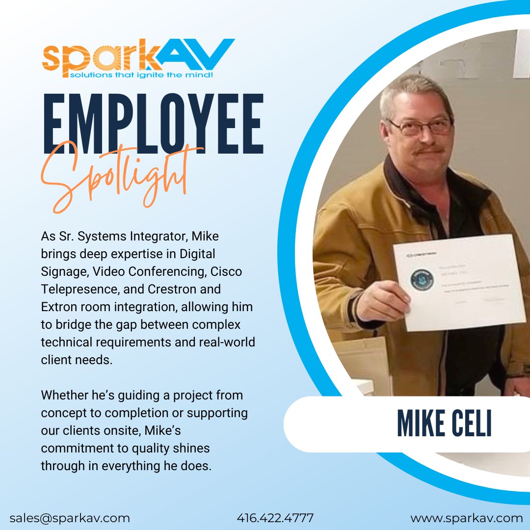 sparkAV's tweet photo. Employee Spotlight - Mike Celi
With years of hands-on industry experience, Mike has played a key role in organizing and leading technical teams across numerous large scale integration projects. 
Thank you, Mike, for your commitment and dedication to sparkAV!
#av #proAV https://t.co/E5fHmXFPj4