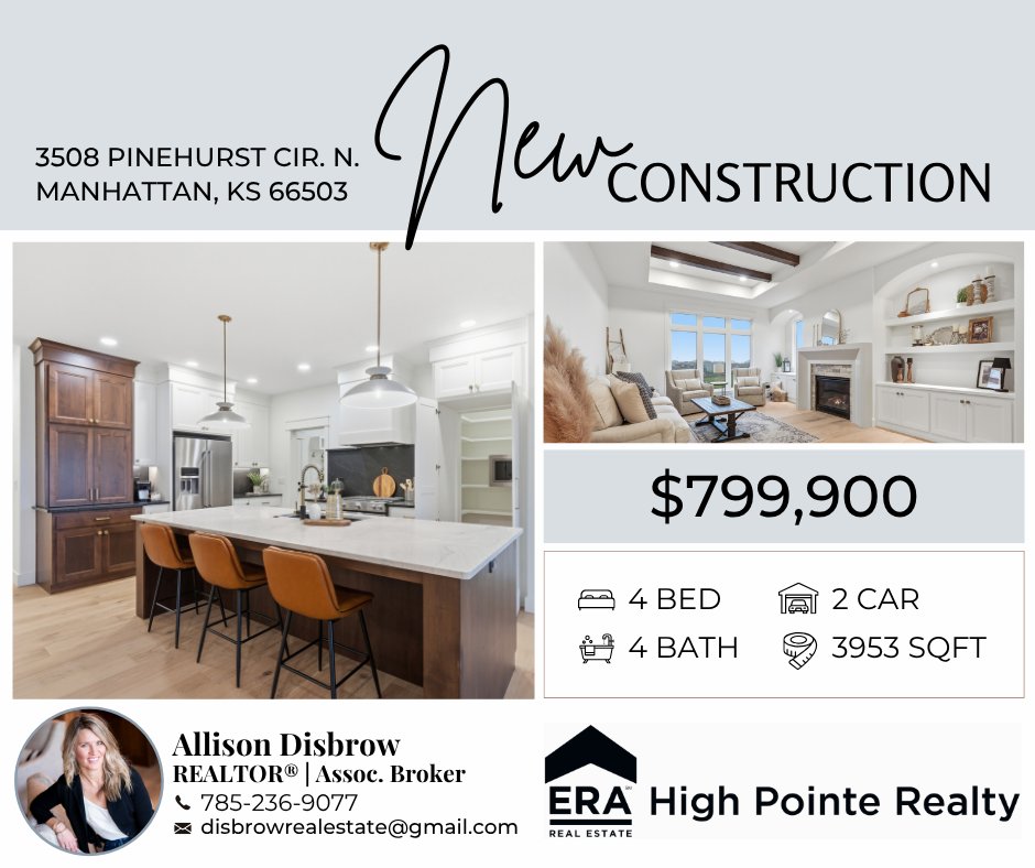 ERAManhattan's tweet image. ✨NEW CONSTRUCTION!
📍3508 Pinehurst Cir N, Manhattan, KS
💰$799,900 |🛏️4 Bed |🛁4 Bath 
Listing agent Allison Disbrow with ERA High Pointe Realty #justlisted #newconstruction #DreamHome #LuxuryLiving #HomeForSale #homesweethome #realestate #ERAHighPointeRealty #teamhighpointe