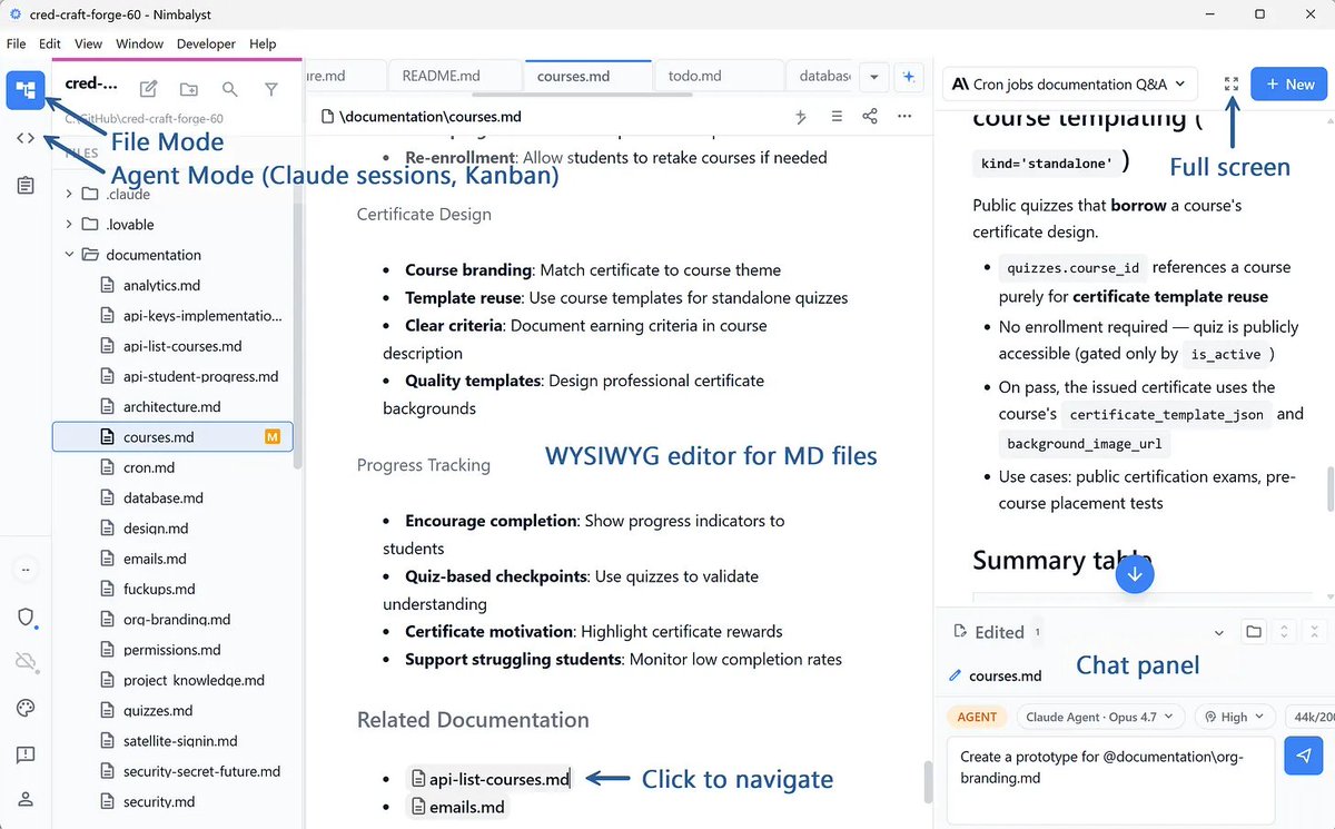 PawelHuryn's tweet photo. If the VS Code interface has intimidated you, try this visual workspace.

I've been testing this for a few days. Loved the markdown files that actually render without plugins, and navigating between documents.

Sessions as cards on a Kanban board. Backlog, planning, implementing, done.

Plus a native iOS app (their custom remote control). Works with your Claude Pro/Max/Team subscription, not just API keys, and Codex.

A wrapper. Harness works as before.