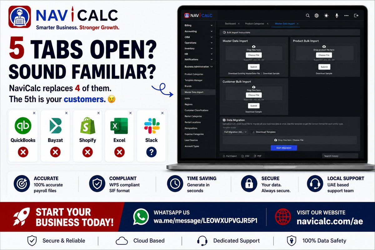 Navicalc197124's tweet image. navicalc.com
Message Navicalc on WhatsApp. wa.me/message/LEOWXU…
5 tools open? Time to close 4.
Run your entire business on NaviCalc —
simple, fast, and built for UAE.
#UAEBusiness
#BusinessSoftware
#ZohoAlternative
#AllInOnePlatform
#StartupUAE
