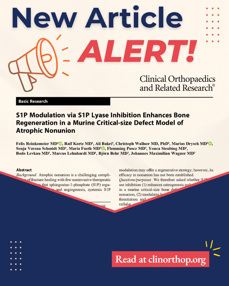 Clinorthop's tweet image. 📣 #NewinCORR: "S1P Modulation via S1P Lyase Inhibition Enhances Bone Regeneration in a Murine Critical-size Defect Model of Atrophic Nonunion" by Reinkemeier et al. 

Read it here: ow.ly/WSxU50YTA3j

#orthoTwitter #medTwitter #CORR #aheadofprint