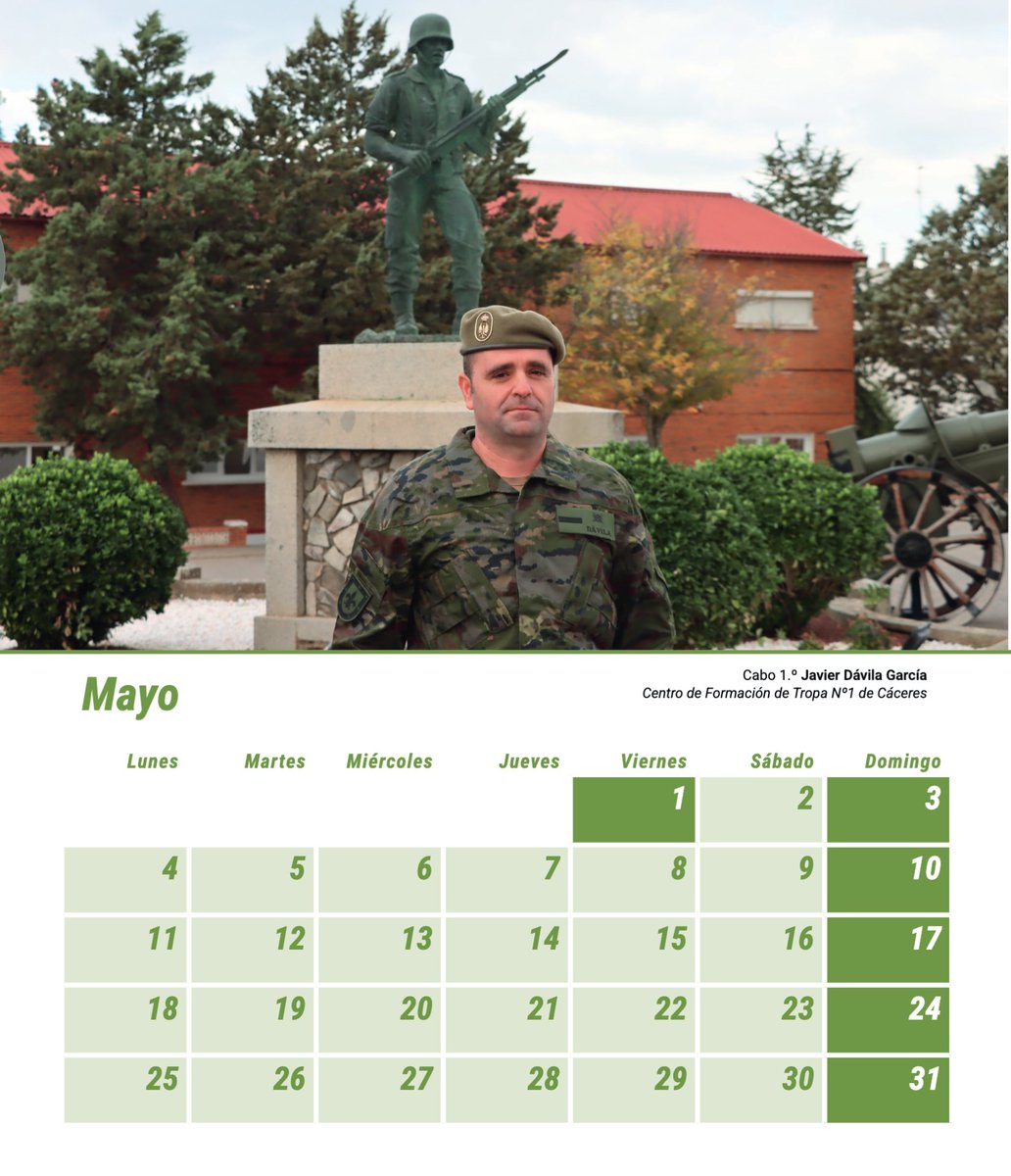 Este año, nuestro calendario rinde homenaje a los hombres y mujeres del #EjércitodeTierra que, con sus acciones, han demostrado su compromiso de apoyo a la sociedad.
👉 El mes de #mayo, está dedicado al cabo 1º Dávila, que actuó con rapidez y serenidad, en un notable acto de