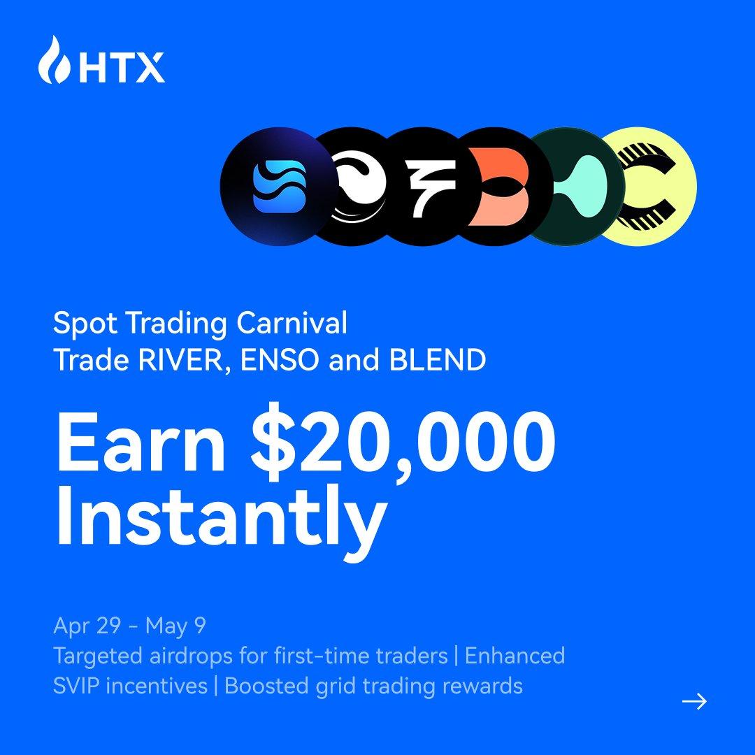 The carnival is live and the prize pool won't wait.

HTX just dropped something worth your attention: a Spot Trading Carnival running April 29 – May 9, built around three tokens making noise right now $RIVER, $ENSO, and $BLEND.

$20,000 is on the table. Here's how it breaks down: