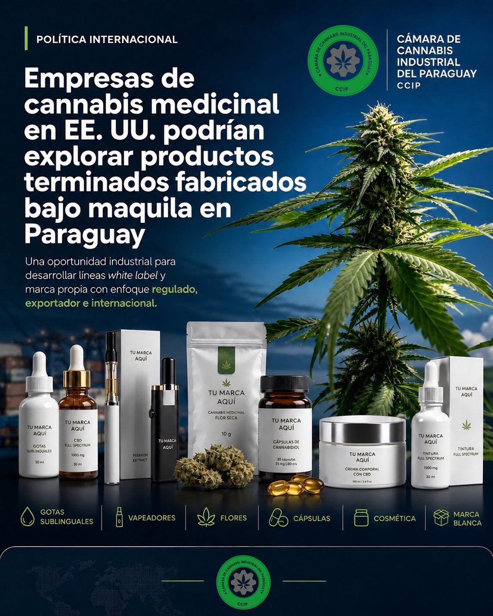 ccip_paraguay's tweet image. Empresas de cannabis medicinal en EE. UU. podrían explorar productos terminados fabricados bajo maquila en Paraguay.

Desde la CCIP impulsamos una industria regulada, exportadora y orientada a marca blanca, conectando producción, trazabilidad e inversión internacional.

#CCIP #py