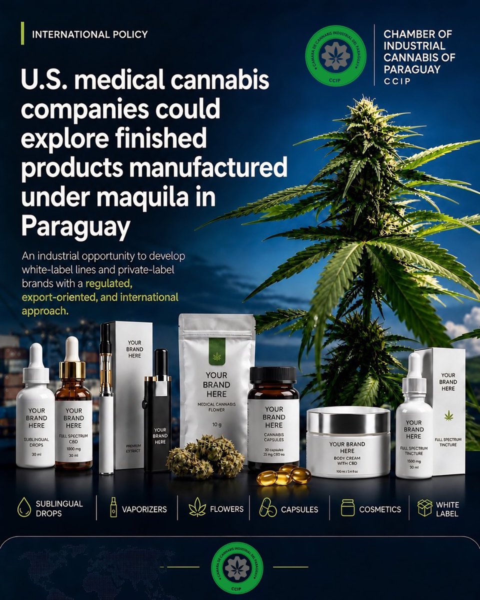 ccip_paraguay's tweet image. U.S. medical cannabis companies could explore finished products manufactured under maquila in Paraguay.

From CCIP, we promote a regulated, export-oriented industry focused on white-label opportunities, connecting production, traceability, and international investment.

#CCIP #Py