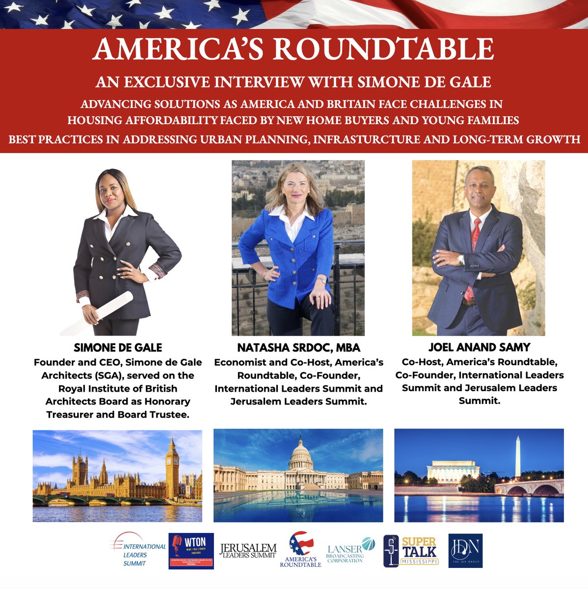 iLeadersSummit's tweet image. This weekend on America’s Roundtable🇺🇸 —.@simonedegale🇬🇧 from London, Great Britain, joins @NatashaSrdoc and @JoelAnandUSA, @americasrt1776. The program is aired on 68 radio stations via.@supertalk, @WTONradio
 &amp;amp; Lanser Broadcasting. Times/Listings👇 

#saturdaymorning at 8:30 AM