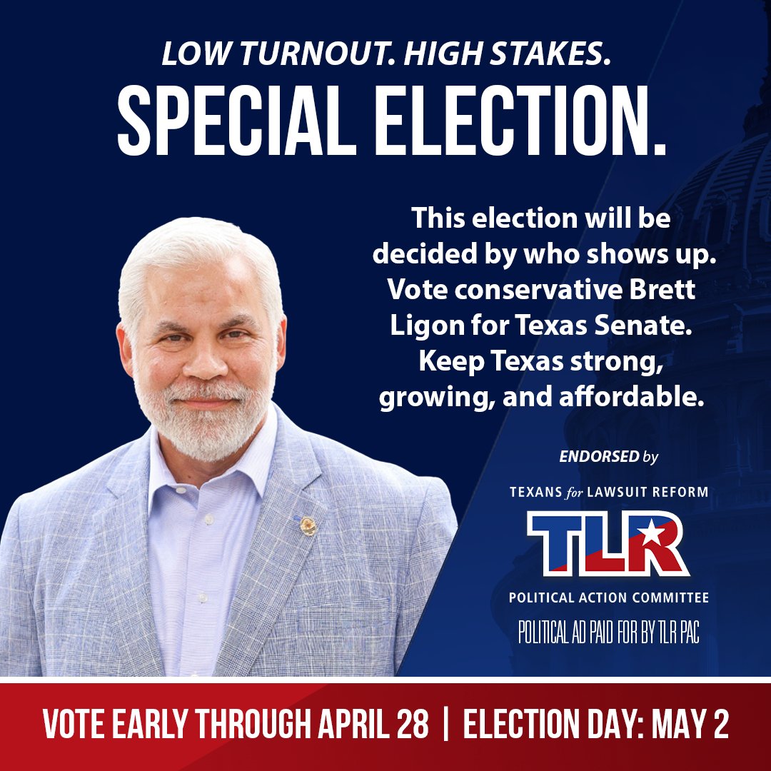 TLRPAC's tweet photo. Low turnout elections are decided by who shows up.

Earlier this year, Dems flipped a seat in the TX Senate that Republicans had held for decades. That only happens when Republicans stay home.

Brett Ligon is the conservative choice for Senate District 4.
Election Day tomorrow! https://t.co/OA3UxlPjet