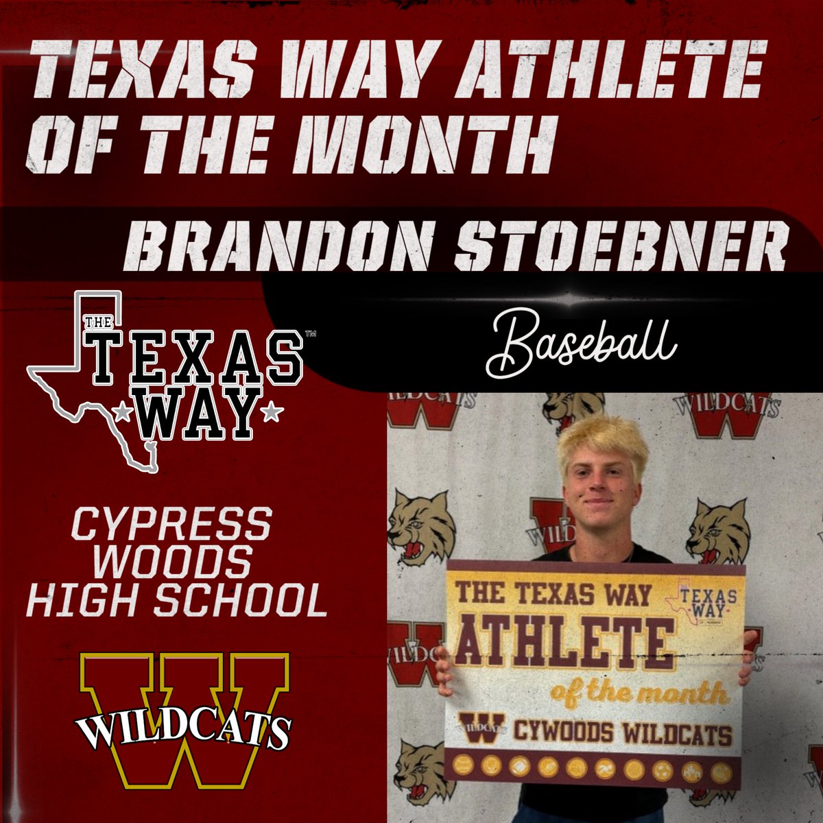 CW_Athletics's tweet photo. Today we are recognizing our April picks for The Texas Way Athletes of the Month. This season, Brandon led his @cywoodsbaseball team to an undefeated district championship and never lost sight of The Texas Way! We are 212 proud of all you've accomplished! https://t.co/lvrJq55Frl