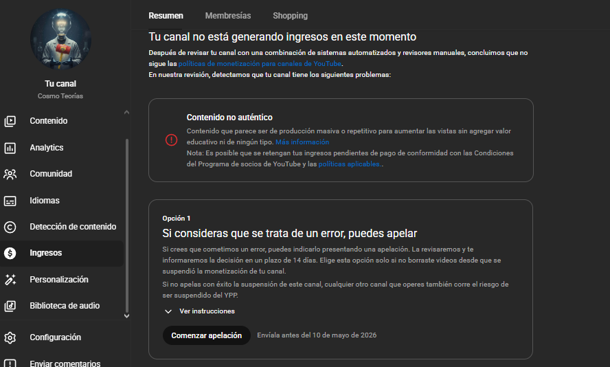 YostinIA's tweet photo. @TeamYouTube @YouTubeCreators   mi canal “Cosmo Teorias” (+170k subs) ha sido desmonetizado injustamente. Soy un creador 100% humano: escribo, doy voz y edito todos mis videos manualmente. Cumplo plenamente con las políticas de YPP. Por favor revise mi canal detenidamente. https://t.co/nwSqbE4kQL
