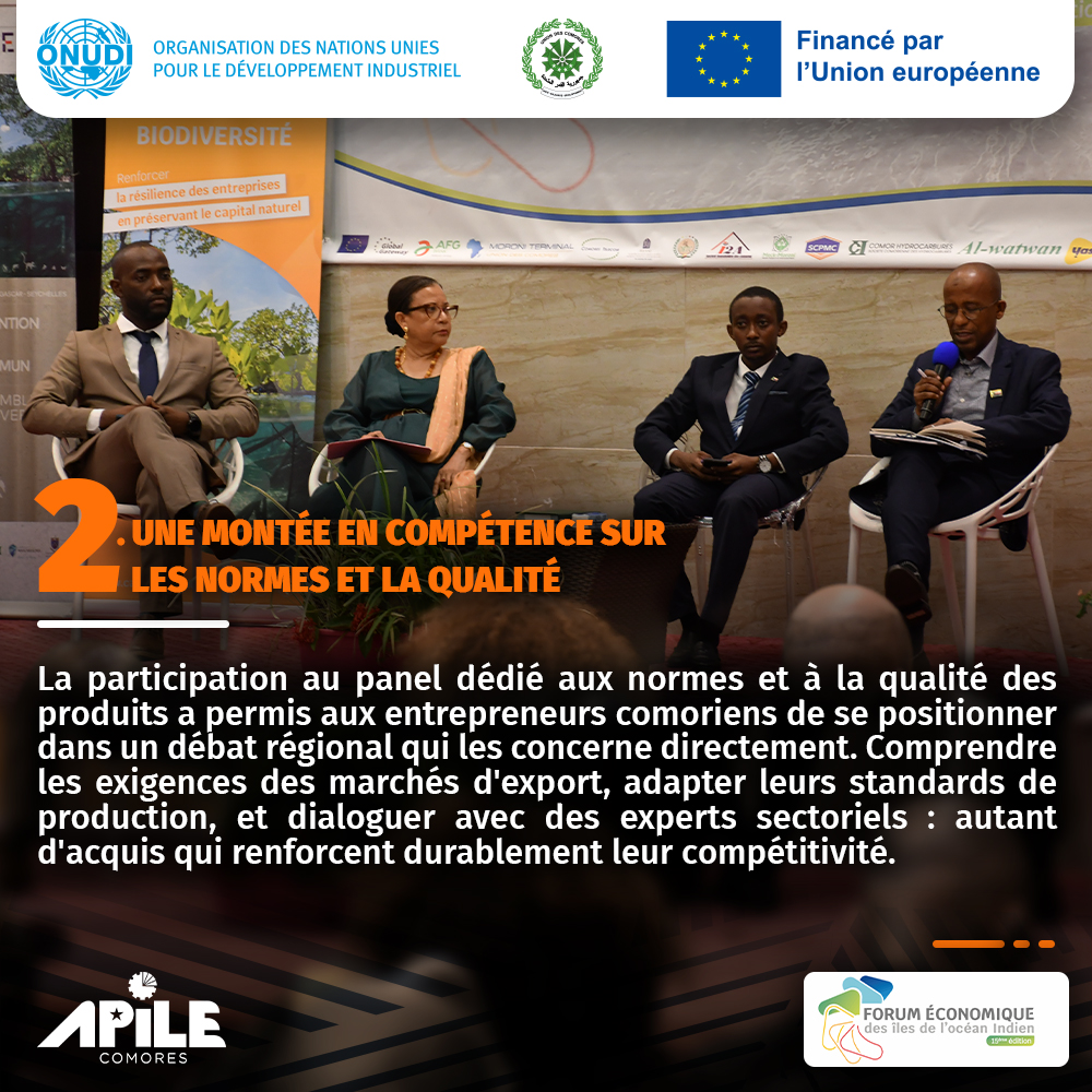 ApileComores's tweet photo. Du 27 au 29 avril à Moroni, le projet APILE-ONUDI était au cœur du 15e Forum économique des îles de l'océan Indien, normes, qualité, label Authentic Comoros et synergies régionales au programme.
🇰🇲 Les Comores avancent. @UNIDO @gouvkm #UE🇰🇲 https://t.co/qZXJzcfTjD