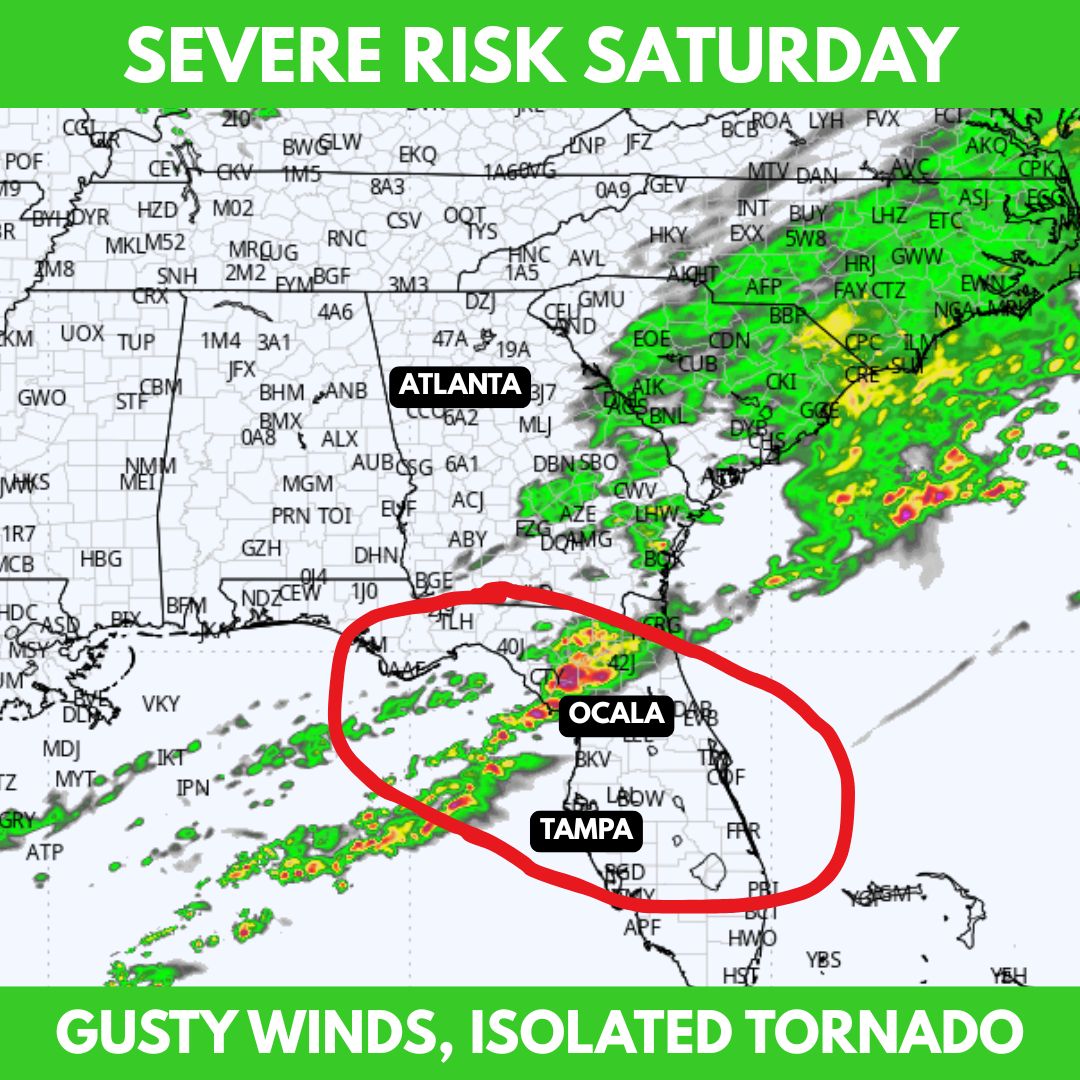 wx_anthony's tweet image. SEVERE RISK SATURDAY:

A cold front brings a line of storms from the Gulf across the #Florida peninsula and parts of south #Georgia.

⚠️ Gusty winds
🌪️ Isolated tornado
⛈️ Heavy rain
Greatest risk: Nature Coast → #Jacksonville

#SevereWeather #FLwx #Tampa #Orlando #gawx